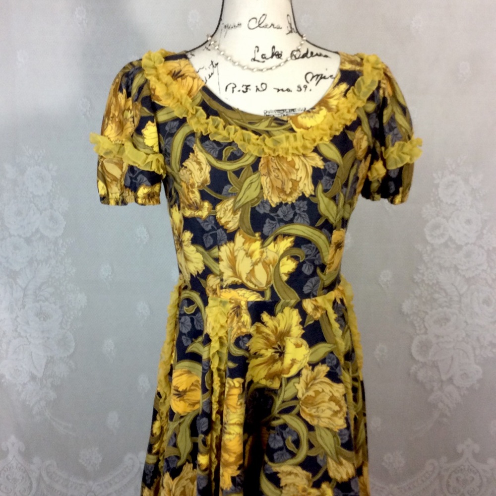 Vintage Golden Floral Black Handmade Dress M/L